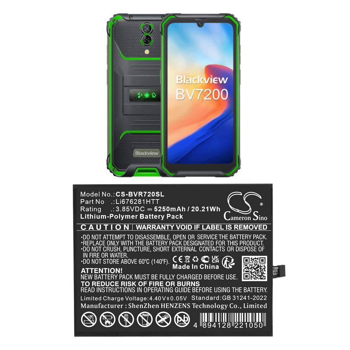 3.85V, Li-Polymer, 5250mAh, Mobile, SmartPhone battery fits Blackview, Li676281HTT, BV7200, 20.21Wh Mobile, SmartPhone Cameron Sino Technology Limited