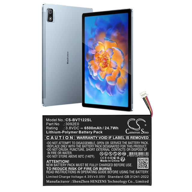 3.8V, Li-Polymer, 6500mAh, Tablet battery fits Blackview, 3092, Tab 12 Pro, 24.7Wh Tablet Cameron Sino Technology Limited