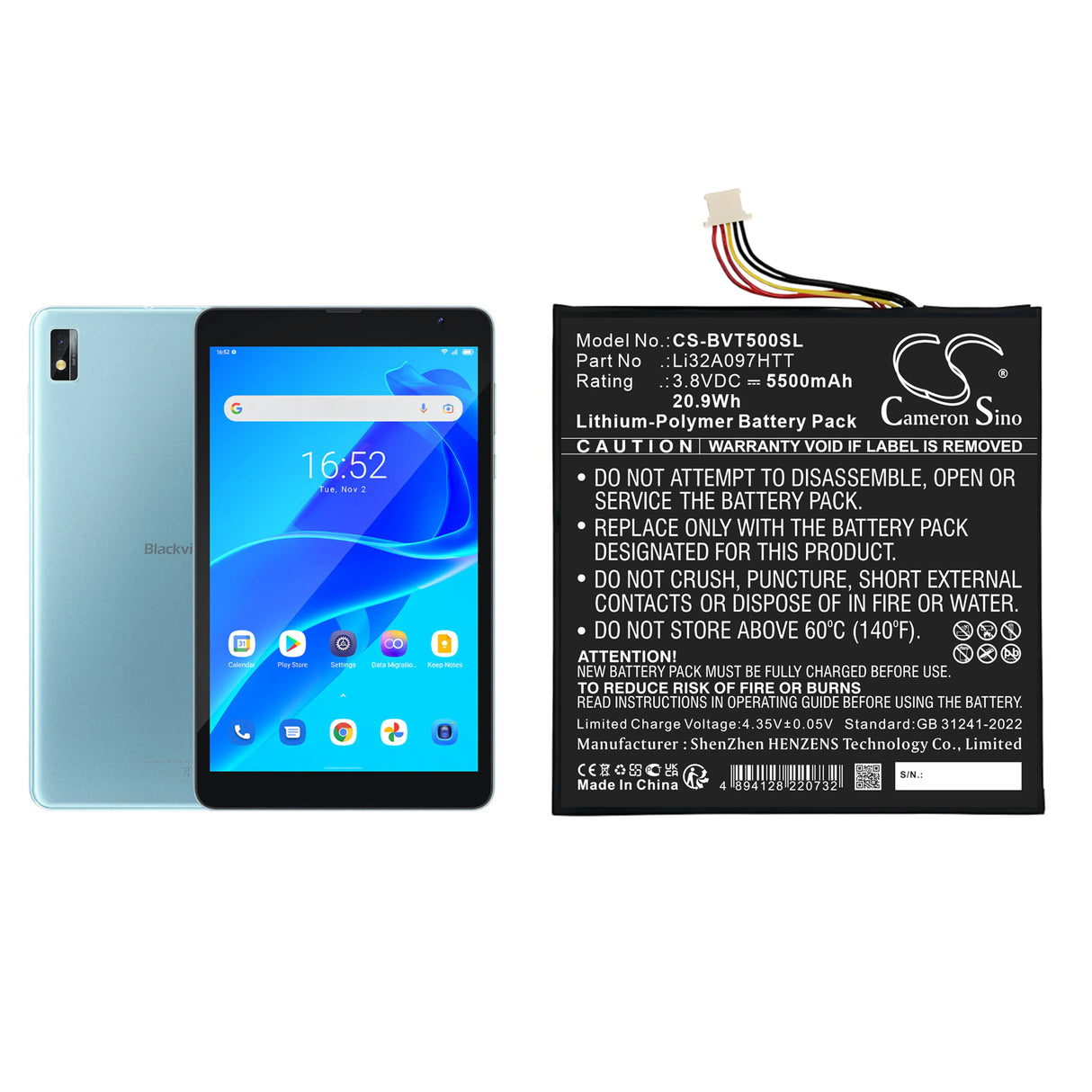3.8V, Li-Polymer, 5500mAh, Tablet battery fits Blackview, Li32A097HTT, 3210099, Tab 5, 20.9Wh Tablet Cameron Sino Technology Limited