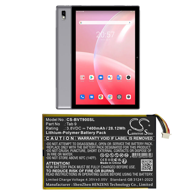 3.8V, Li-Polymer, 7400mAh, Tablet battery fits Blackview, Tab 9, Tab 9 10.1Inch, 28.12Wh Tablet Cameron Sino Technology Limited