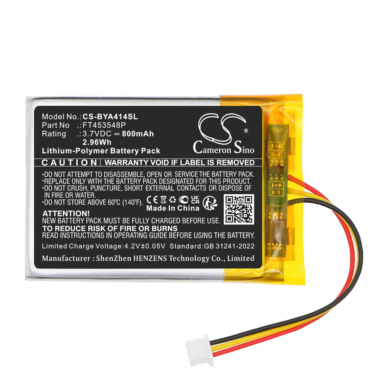 3.7V, Li-Polymer, 800mAh, BabyPhone battery fits Babymoov, FT453548P, A014414, A014415, 2.96Wh BabyPhone Cameron Sino Technology Limited