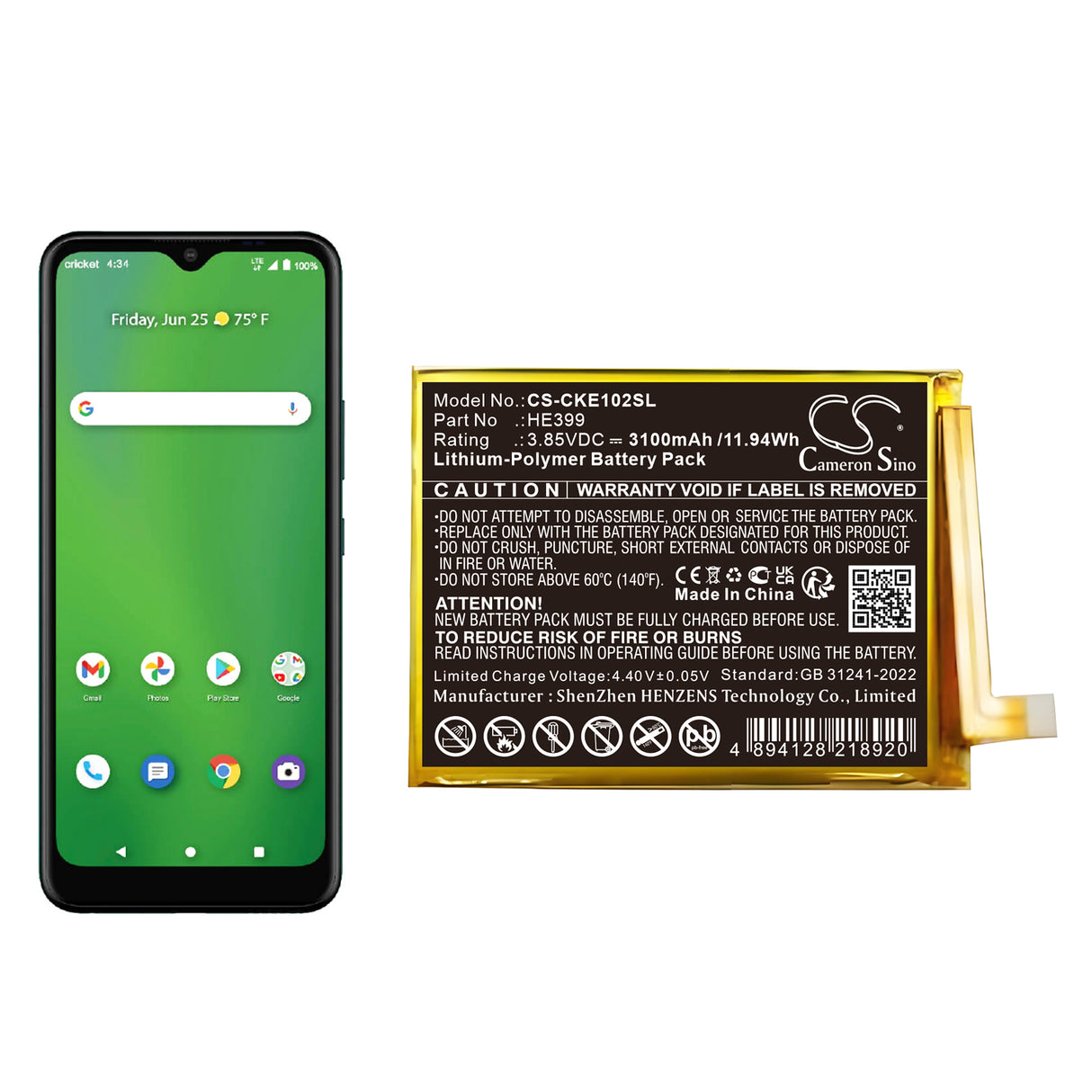 3.85V, Li-Polymer, 3100mAh, Mobile, SmartPhone battery fits Cricket, He399, Ec1002, Ovation 2, 11.94Wh Mobile, SmartPhone Cameron Sino Technology Limited