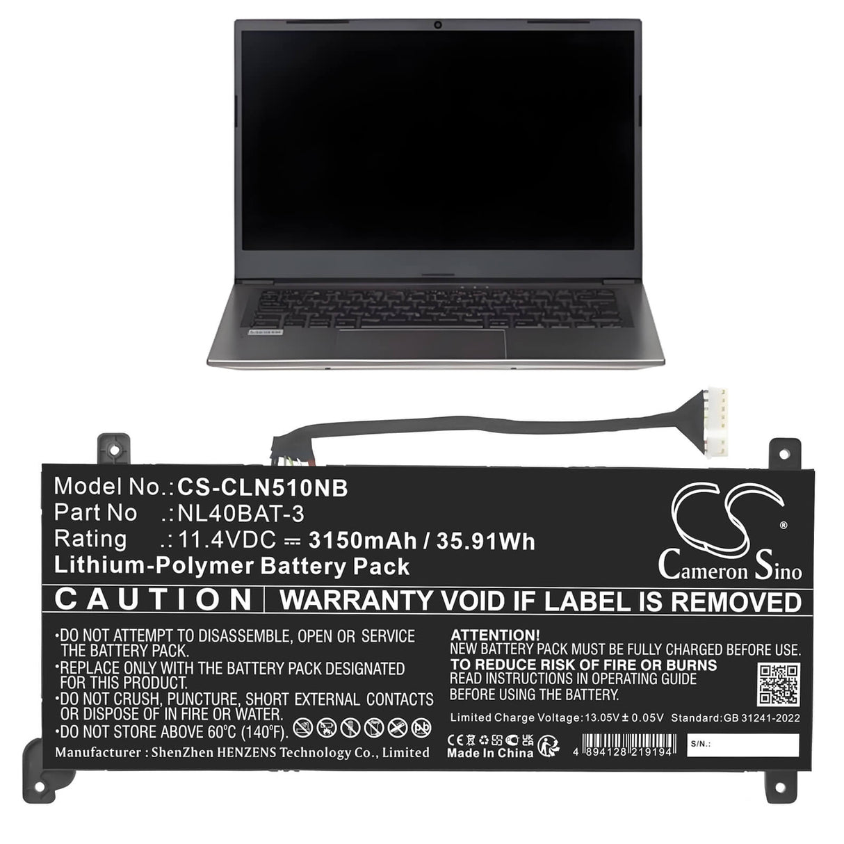 11.4V, Li-Polymer, 3150mAh, Notebook, Laptop battery fits Clevo, NL40BAT-3, NL40MU, NL40PU, 35.91Wh Notebook, Laptop Cameron Sino Technology Limited