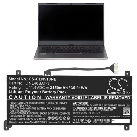 11.4V, Li-Polymer, 3150mAh, Notebook, Laptop battery fits Clevo, NL40BAT-3, NL40MU, NL40PU, 35.91Wh Notebook, Laptop Cameron Sino Technology Limited
