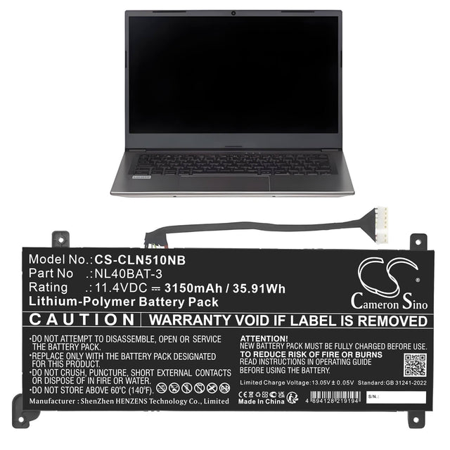 11.4V, Li-Polymer, 3150mAh, Notebook, Laptop battery fits Clevo, NL40BAT-3, NL40MU, NL40PU, 35.91Wh Notebook, Laptop Cameron Sino Technology Limited