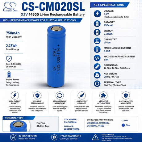 14500, 3.7v, Lithium Ion, 750mah AA size flat top cell 2.78wh Battery Pack Cameron Sino Technology Limited