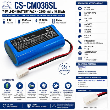 7.4V, Li-ion, 2200mAh, Battery Pack battery fits Neptolux, Neptolux, Custom Battery Packs, Custom Battery Packs, 175-1196c, 16.28Wh Battery Pack Cameron Sino Technology Limited