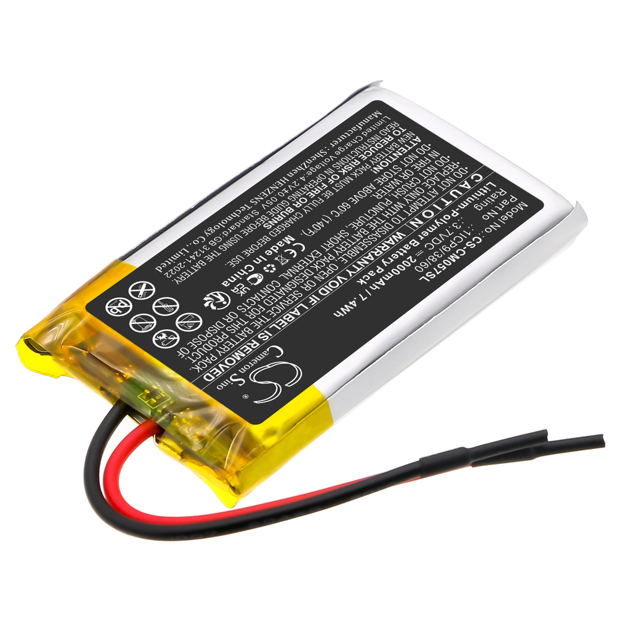 3.7V, Li-Polymer, 2000mAh, Battery Pack battery fits Custom Battery Pack, 1ICP9/38/60, 7.4Wh Battery Pack Cameron Sino Technology Limited