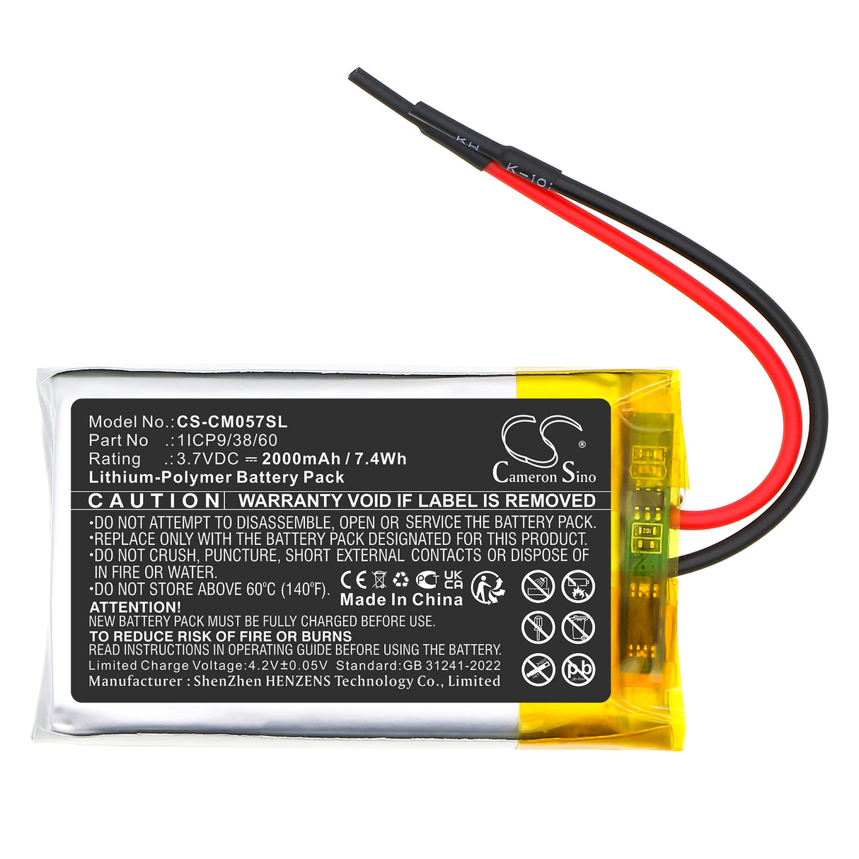 3.7V, Li-Polymer, 2000mAh, Battery Pack battery fits Custom Battery Pack, 1ICP9/38/60, 7.4Wh Battery Pack Cameron Sino Technology Limited