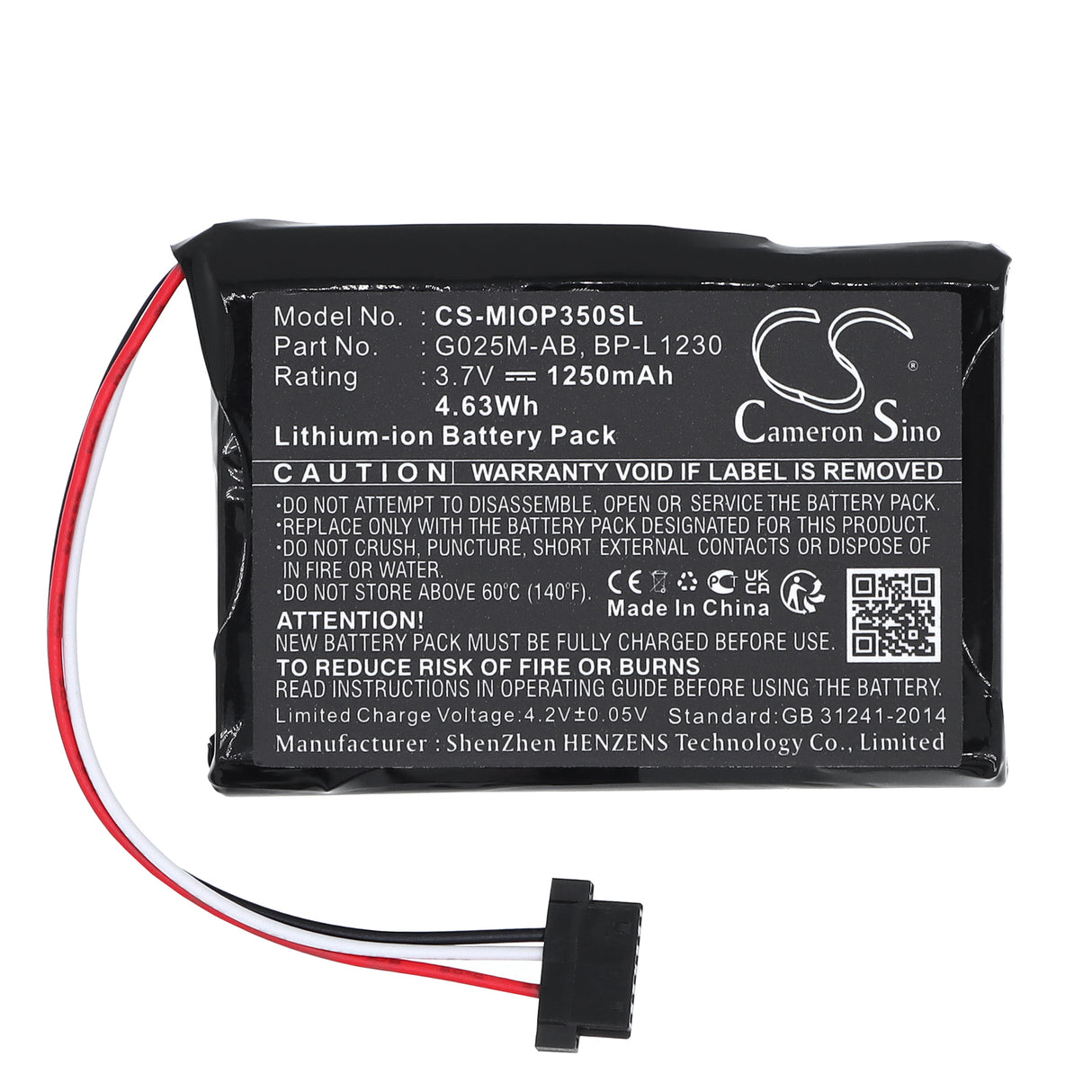 3.7V, Li-ion, 1250mAh, Battery Pack battery fits , CS-CM059SL, 4.63Wh Battery Pack Cameron Sino Technology Limited