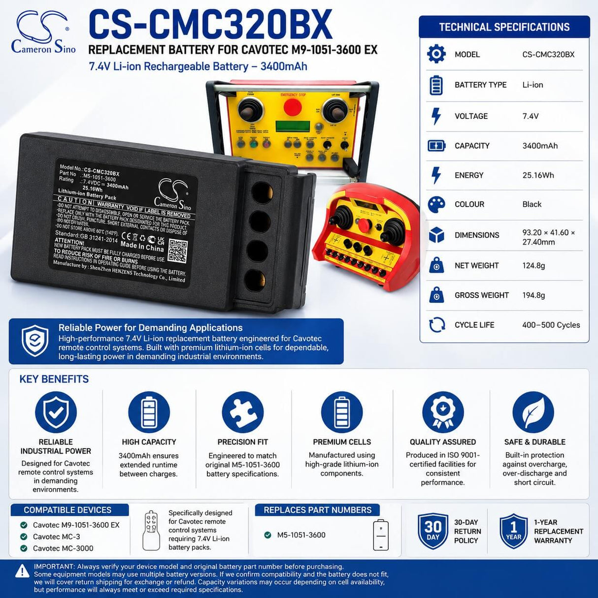 Crane Remote Battery For Cavotec, M9-1051-3600 Ex, Mc-3, Mc-3000 7.4v, 3400mah - 25.16wh Crane Remote Control Cameron Sino Technology Limited