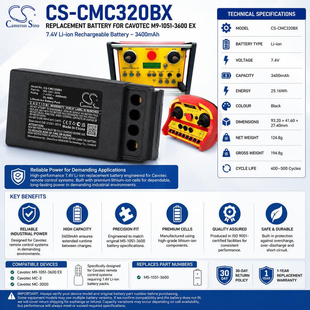 Crane Remote Battery For Cavotec, M9-1051-3600 Ex, Mc-3, Mc-3000 7.4v, 3400mah - 25.16wh Crane Remote Control Cameron Sino Technology Limited
