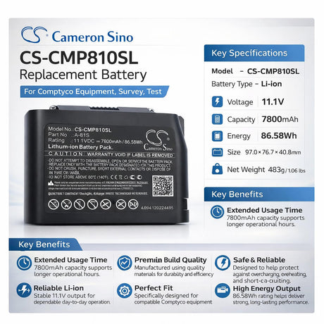 11.1V, Li-ion, 7800mAh, Equipment, Survey, Test battery fits Comptyco, A-81S, A-81S Fusion Splicer, FS-60C Fusion Splicer, 86.58Wh Equipment, Survey, Test Cameron Sino Technology Limited