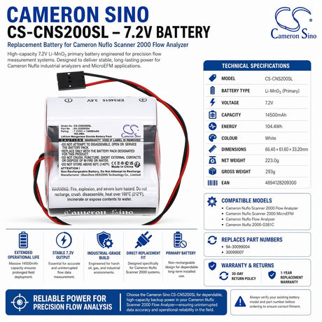 7.2V, Li-MnO2, 14500mAh, PLC battery fits Cameron Nuflo, Scanner 2000 Flow Analyzer, 104.4Wh PLC Cameron Sino Technology Limited (Dangerous Goods)