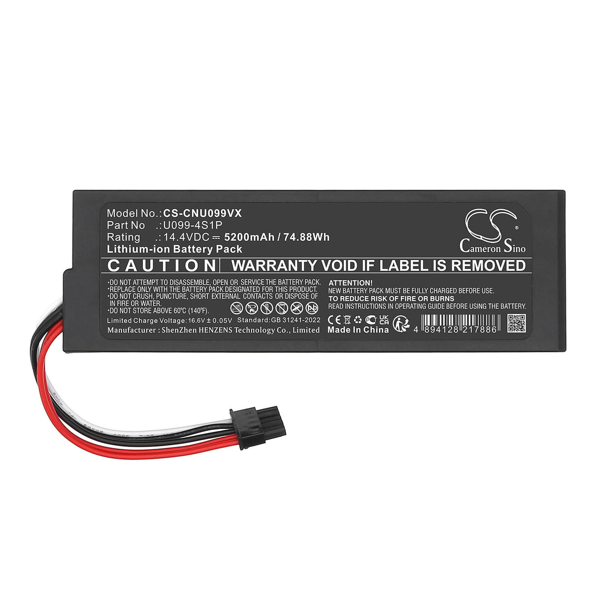 14.4V, Li-ion, 5200mAh, Vacuum battery fits Cecotec, U099-4s1p, Conga 8090, Conga 8090 Ultra, 74.88Wh Vacuum Cameron Sino Technology Limited