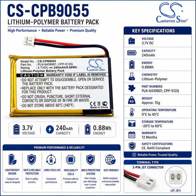 3.7V, Li-Polymer, 240mAh, Headset battery fits Plantronics, Avaya, 202599-03, Awh55, Awh-55, 0.89Wh Wireless Headset Cameron Sino Technology Limited