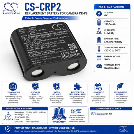 6V, Li-MnO2, 1500mAh, CR-P2 battery fits Camera, 2CP4036, 9Wh CR-P2 Cameron Sino Technology Limited
