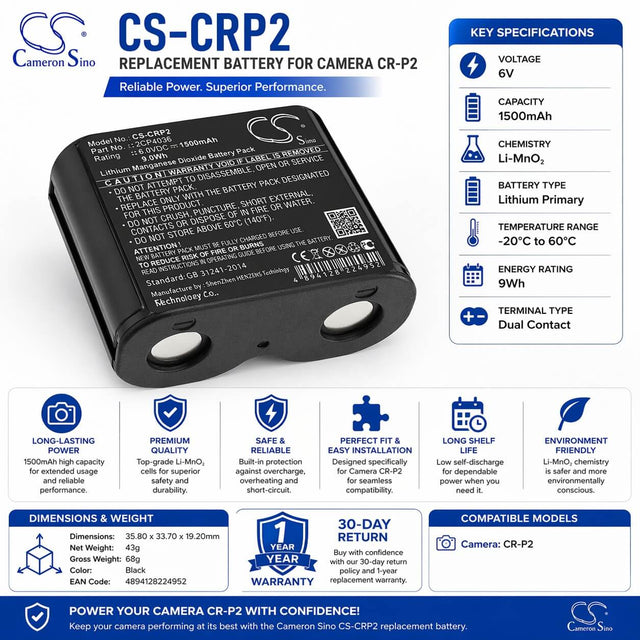 6V, Li-MnO2, 1500mAh, CR-P2 battery fits Camera, 2CP4036, 9Wh CR-P2 Cameron Sino Technology Limited