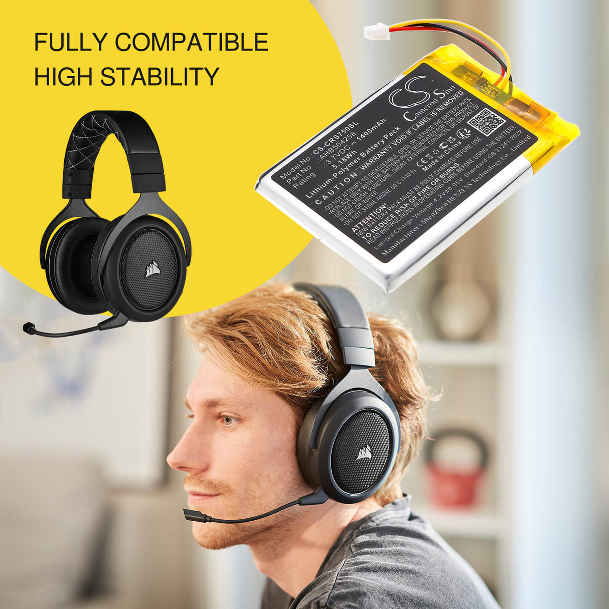 3.7V, Li-Polymer, 1400mAh, Wireless Headset battery fits Corsair, AHB504258, HS70, HS70SE, 5.18Wh Wireless Headset Cameron Sino Technology Limited