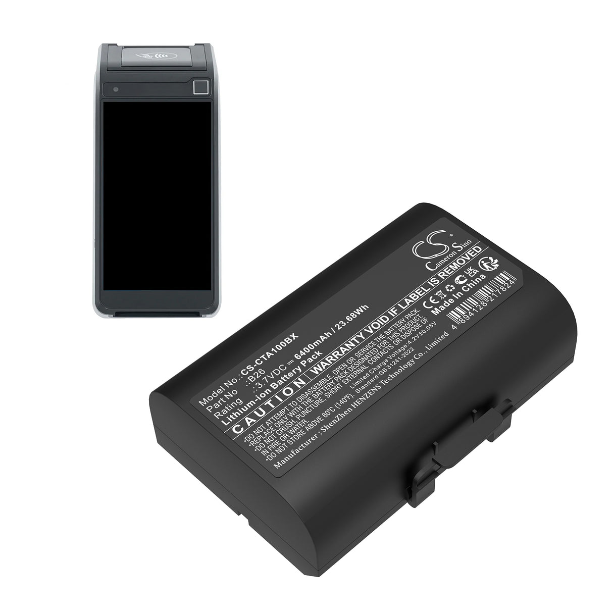 3.7V, Li-ion, 6400mAh, Payment Terminal battery fits Castles, B26, Saturn 1000 S1f2, Saturn 1000f, 23.68Wh Payment Terminal Cameron Sino Technology Limited