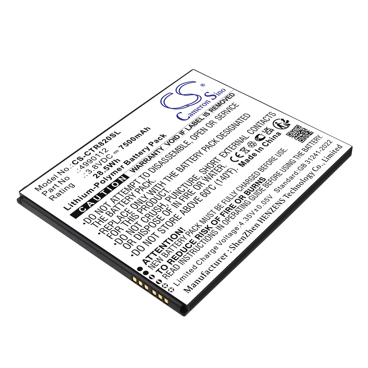 3.8V, Li-Polymer, 7500mAh, Diagnostic Scanner battery fits Cedar, 4990112, CT8, CT8X2, 28.5Wh Diagnostic Scanner Cameron Sino Technology Limited