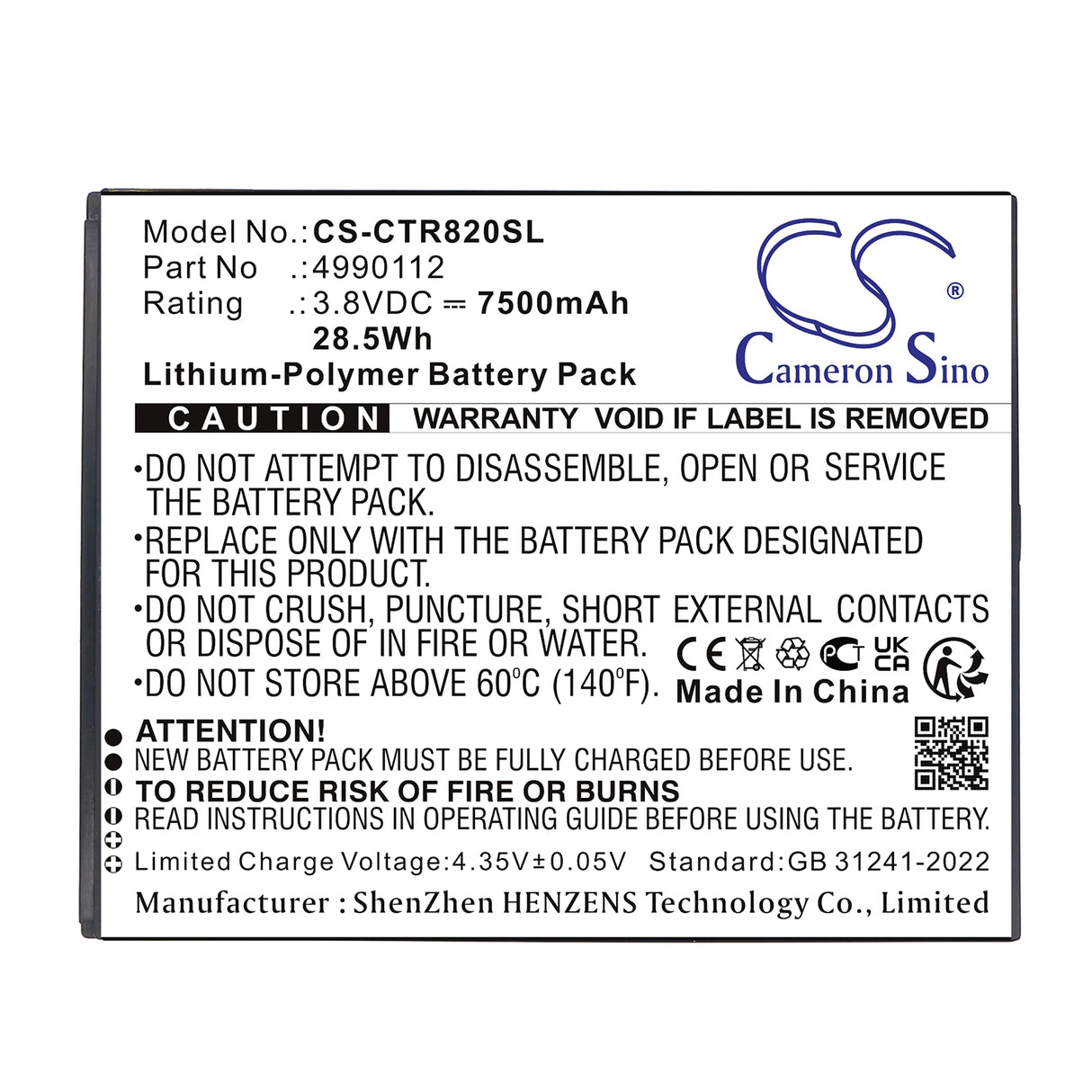 3.8V, Li-Polymer, 7500mAh, Diagnostic Scanner battery fits Cedar, 4990112, CT8, CT8X2, 28.5Wh Diagnostic Scanner Cameron Sino Technology Limited