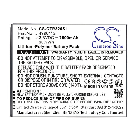 3.8V, Li-Polymer, 7500mAh, Diagnostic Scanner battery fits Cedar, 4990112, CT8, CT8X2, 28.5Wh Diagnostic Scanner Cameron Sino Technology Limited