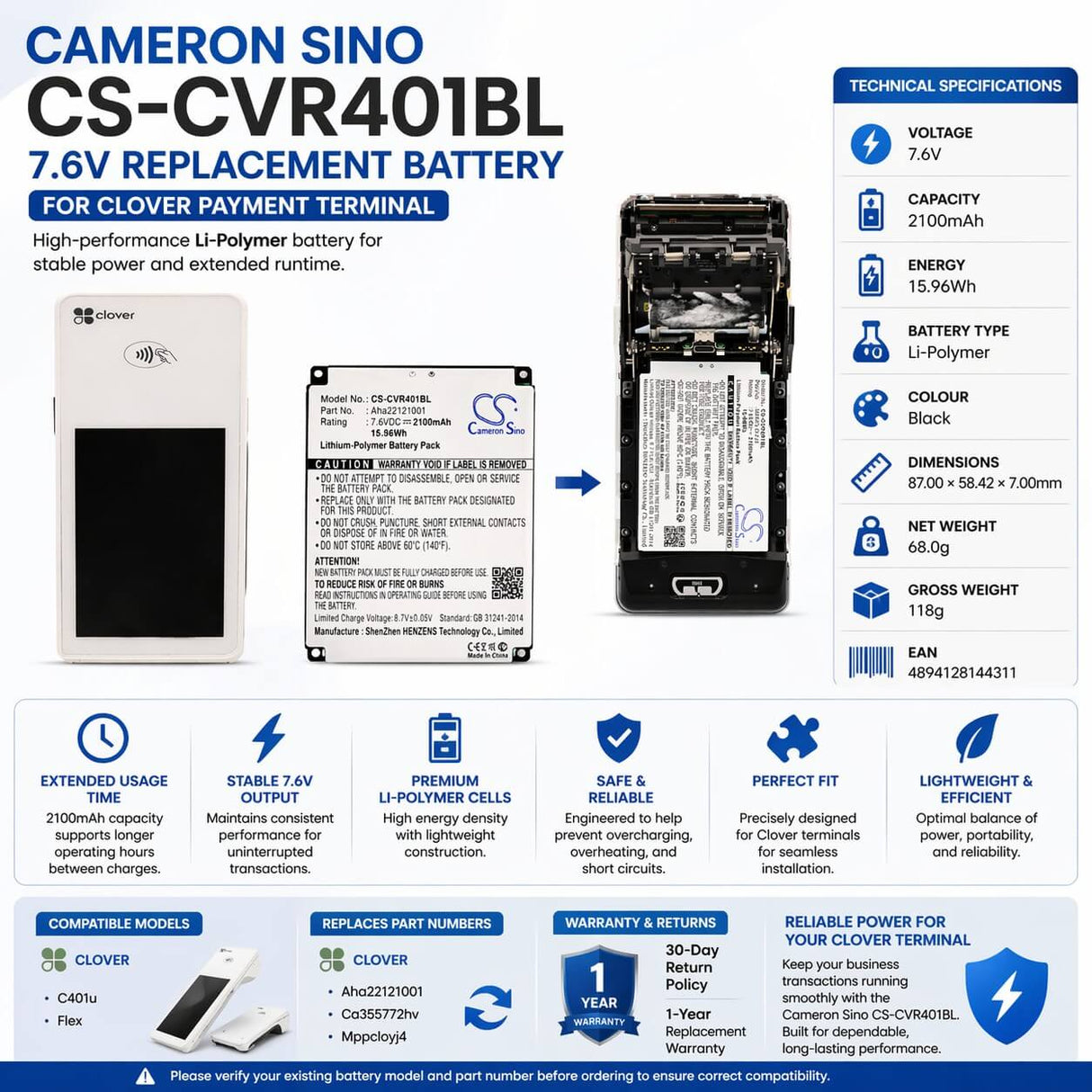 7.6V, Li-Polymer, 2100mAh, Payment Terminal battery fits Clover, Aha22121001, C401u, Flex, 15.96Wh Payment Terminal Cameron Sino Technology Limited