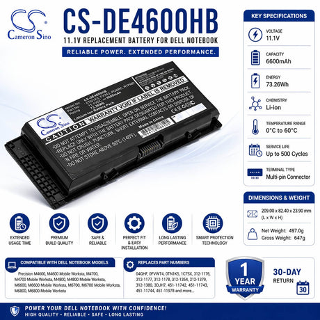 Black Battery For Dell Precision M4600, Precision M4700, Precision M6600 11.1v, 6600mah - 73.26wh Notebook, Laptop Cameron Sino Technology Limited