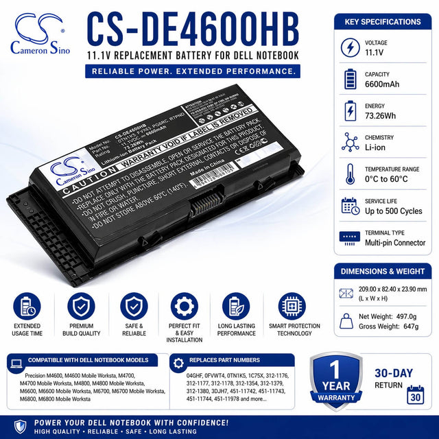 Black Battery For Dell Precision M4600, Precision M4700, Precision M6600 11.1v, 6600mah - 73.26wh Notebook, Laptop Cameron Sino Technology Limited