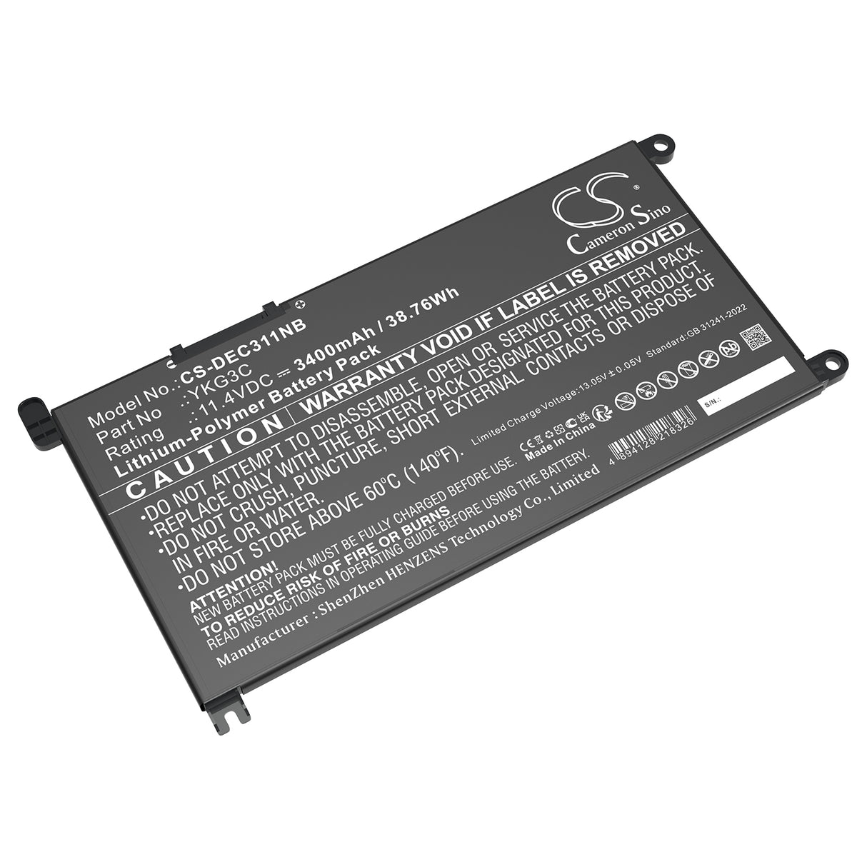 11.4V, Li-Polymer, 3400mAh, Notebook, Laptop battery fits Dell, 0ykg3c, Chromebook 3110, Chromebook 3110 2-in-1, 38.76Wh Notebook, Laptop Cameron Sino Technology Limited