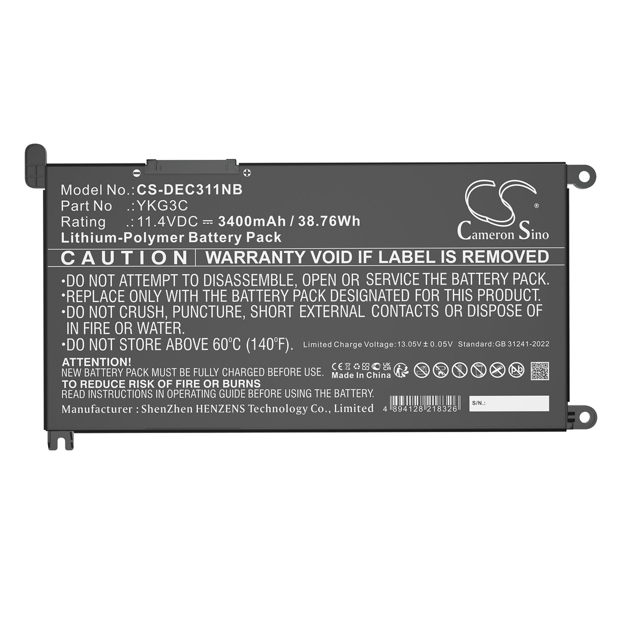 11.4V, Li-Polymer, 3400mAh, Notebook, Laptop battery fits Dell, 0ykg3c, Chromebook 3110, Chromebook 3110 2-in-1, 38.76Wh Notebook, Laptop Cameron Sino Technology Limited