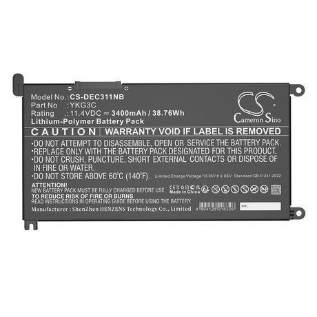 11.4V, Li-Polymer, 3400mAh, Notebook, Laptop battery fits Dell, 0ykg3c, Chromebook 3110, Chromebook 3110 2-in-1, 38.76Wh Notebook, Laptop Cameron Sino Technology Limited