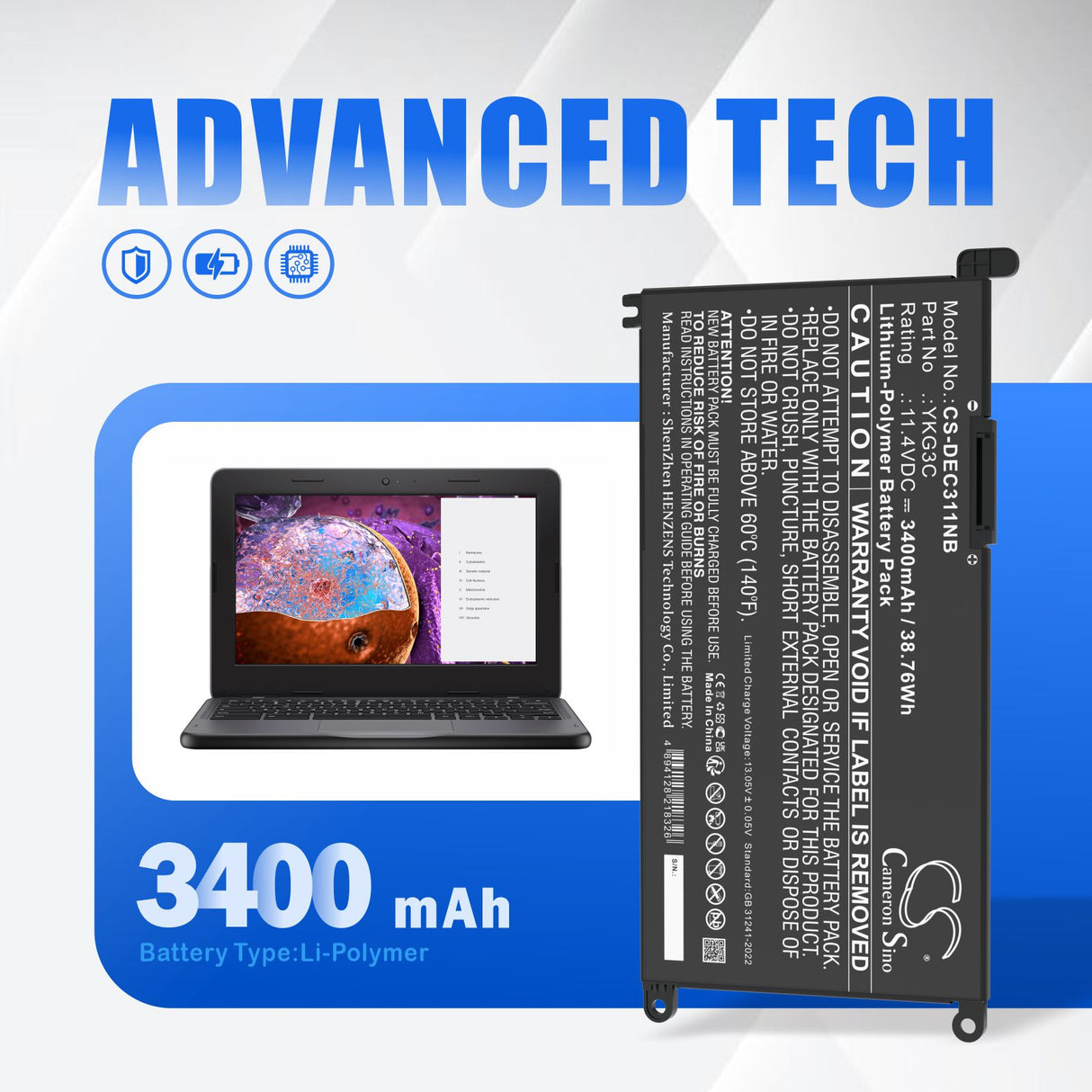 11.4V, Li-Polymer, 3400mAh, Notebook, Laptop battery fits Dell, 0ykg3c, Chromebook 3110, Chromebook 3110 2-in-1, 38.76Wh Notebook, Laptop Cameron Sino Technology Limited