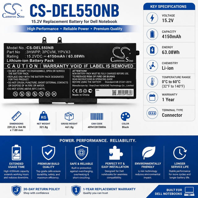 Battery For Dell, Latitude 5401, Latitude 5501 15.2v, 4150mah - 63.08wh Notebook, Laptop Cameron Sino Technology Limited