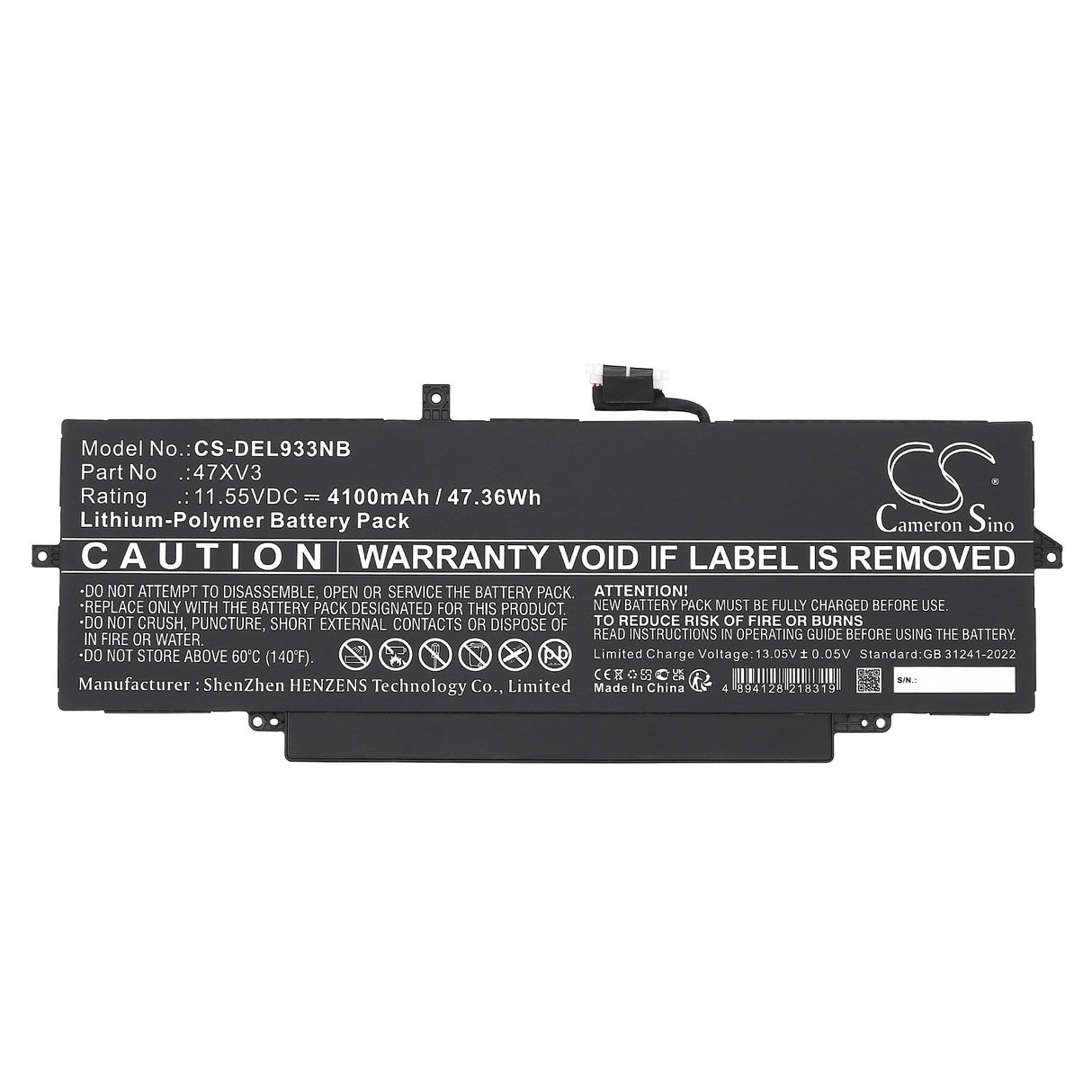 11.55V, Li-Polymer, 4100mAh, Notebook, Laptop battery fits Dell, 05y3t9, Latitude 9330, Latitude 9330 2-in-1, 47.36Wh Notebook, Laptop Cameron Sino Technology Limited
