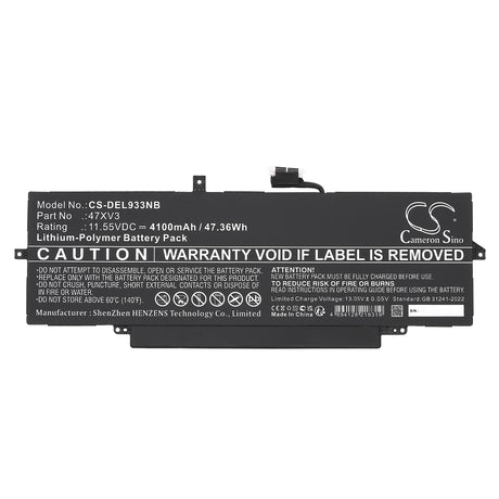 11.55V, Li-Polymer, 4100mAh, Notebook, Laptop battery fits Dell, 05y3t9, Latitude 9330, Latitude 9330 2-in-1, 47.36Wh Notebook, Laptop Cameron Sino Technology Limited