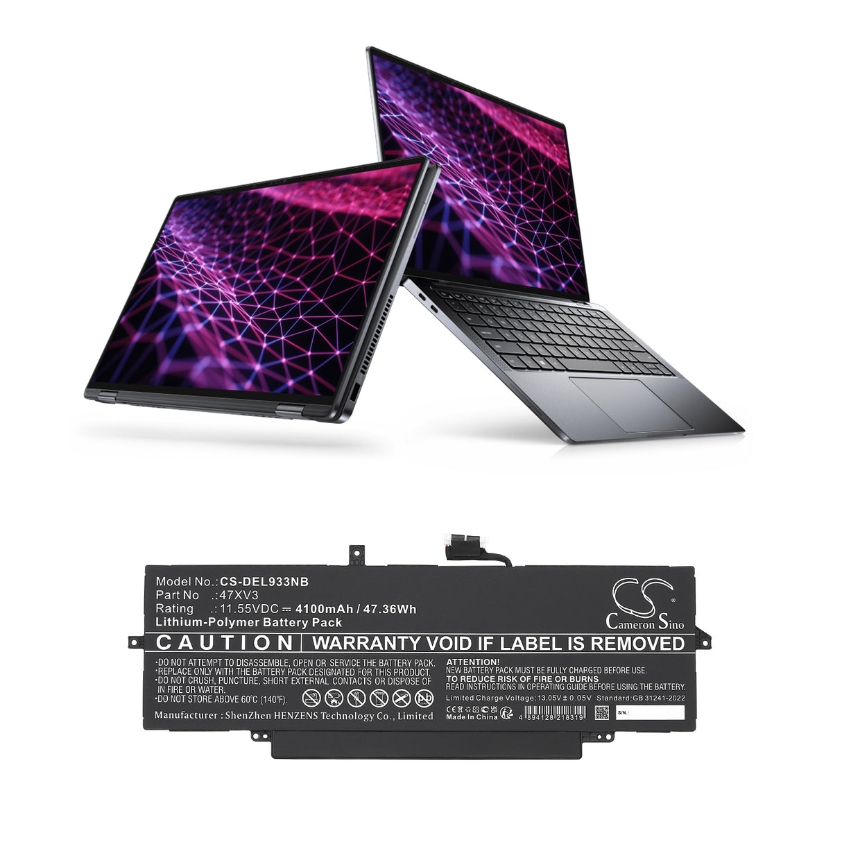 11.55V, Li-Polymer, 4100mAh, Notebook, Laptop battery fits Dell, 05y3t9, Latitude 9330, Latitude 9330 2-in-1, 47.36Wh Notebook, Laptop Cameron Sino Technology Limited