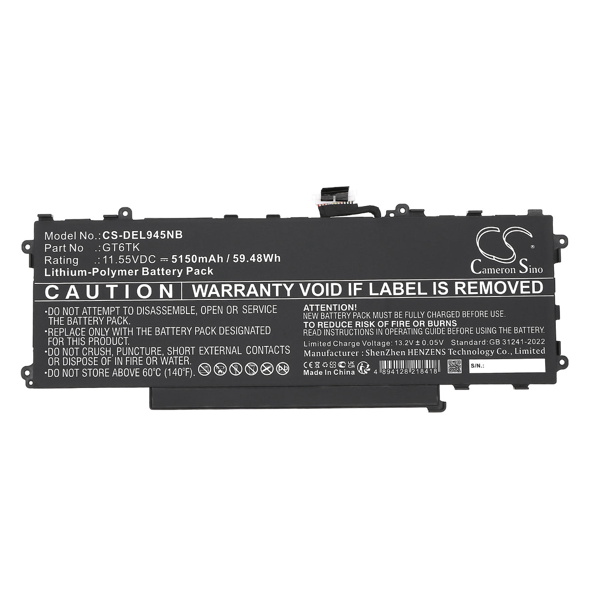 11.55V, Li-Polymer, 5150mAh, Notebook, Laptop battery fits Dell, Gt6tk, Latitude 9440 2-in-1, Latitude 9450 2-in-1, 59.48Wh Notebook, Laptop Cameron Sino Technology Limited