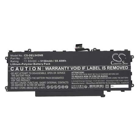 11.55V, Li-Polymer, 5150mAh, Notebook, Laptop battery fits Dell, Gt6tk, Latitude 9440 2-in-1, Latitude 9450 2-in-1, 59.48Wh Notebook, Laptop Cameron Sino Technology Limited
