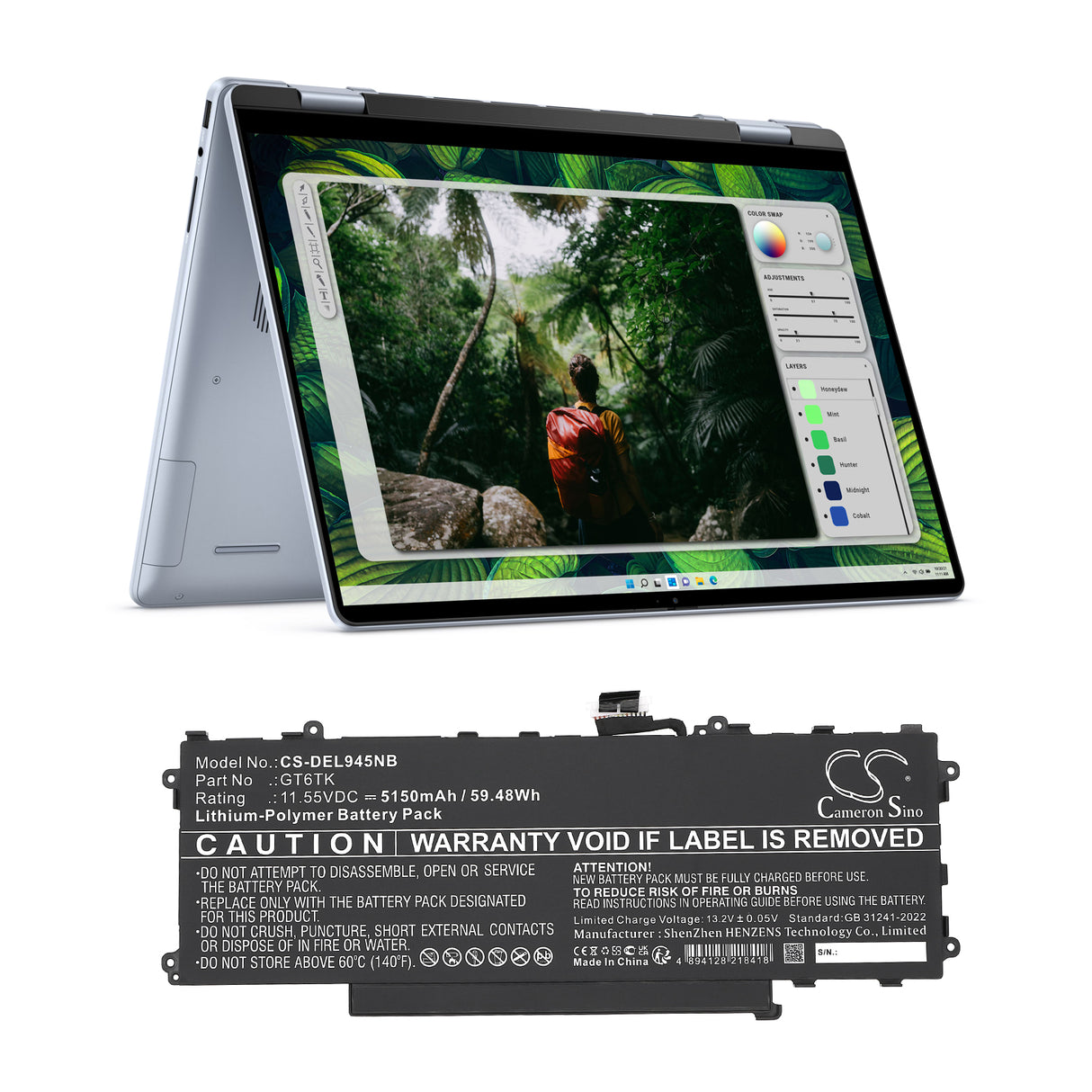 11.55V, Li-Polymer, 5150mAh, Notebook, Laptop battery fits Dell, Gt6tk, Latitude 9440 2-in-1, Latitude 9450 2-in-1, 59.48Wh Notebook, Laptop Cameron Sino Technology Limited