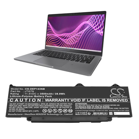 11.4V, Li-Polymer, 3500mAh, Notebook, Laptop battery fits Dell, 0jtg7n, Latitude 13 5340, Latitude 14 3440 Ddr4, 39.9Wh Notebook, Laptop Cameron Sino Technology Limited