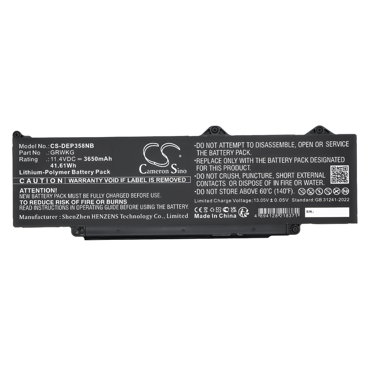11.4V, Li-Polymer, 3650mAh, Notebook, Laptop battery fits Dell, Grwkg, Precision 15 3580, Precision 15 3580 5chpk, 41.61Wh Notebook, Laptop Cameron Sino Technology Limited