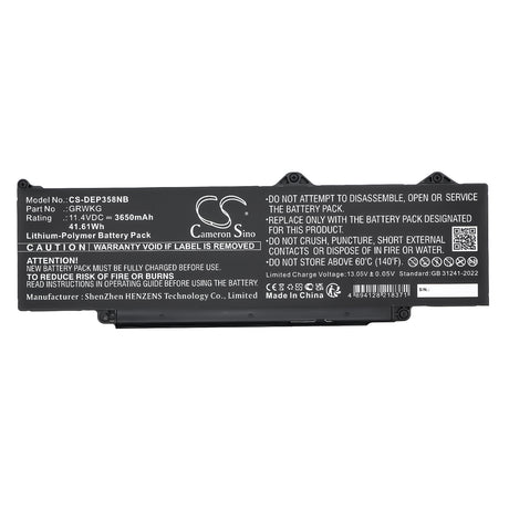 11.4V, Li-Polymer, 3650mAh, Notebook, Laptop battery fits Dell, Grwkg, Precision 15 3580, Precision 15 3580 5chpk, 41.61Wh Notebook, Laptop Cameron Sino Technology Limited