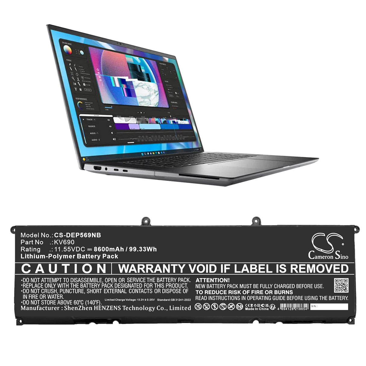 11.55V, Li-Polymer, 8600mAh, Notebook, Laptop battery fits Dell, 6d2hw, Precision 5680, Precision 5690, 99.33Wh Notebook, Laptop Cameron Sino Technology Limited