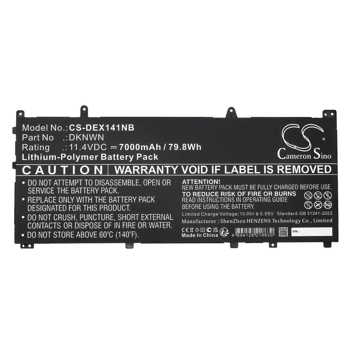 11.4V, Li-Polymer, 7000mAh, Notebook, Laptop battery fits Dell, 0dknwn, Alienware X14 R1, Alienware X14 R2, 79.8Wh Notebook, Laptop Cameron Sino Technology Limited