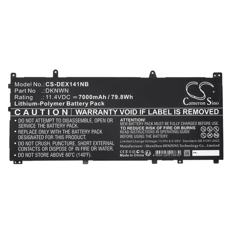 11.4V, Li-Polymer, 7000mAh, Notebook, Laptop battery fits Dell, 0dknwn, Alienware X14 R1, Alienware X14 R2, 79.8Wh Notebook, Laptop Cameron Sino Technology Limited