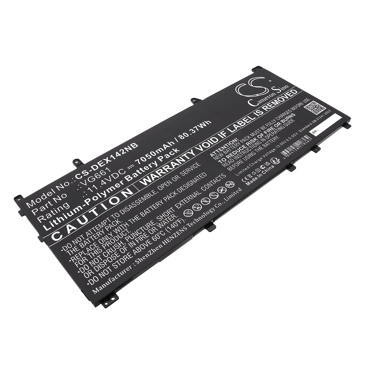 11.4V, Li-Polymer, 7050mAh, Notebook, Laptop battery fits Dell, V4n84, Alienware X14 R1, Alienware X14 R2, 80.37Wh Notebook, Laptop Cameron Sino Technology Limited