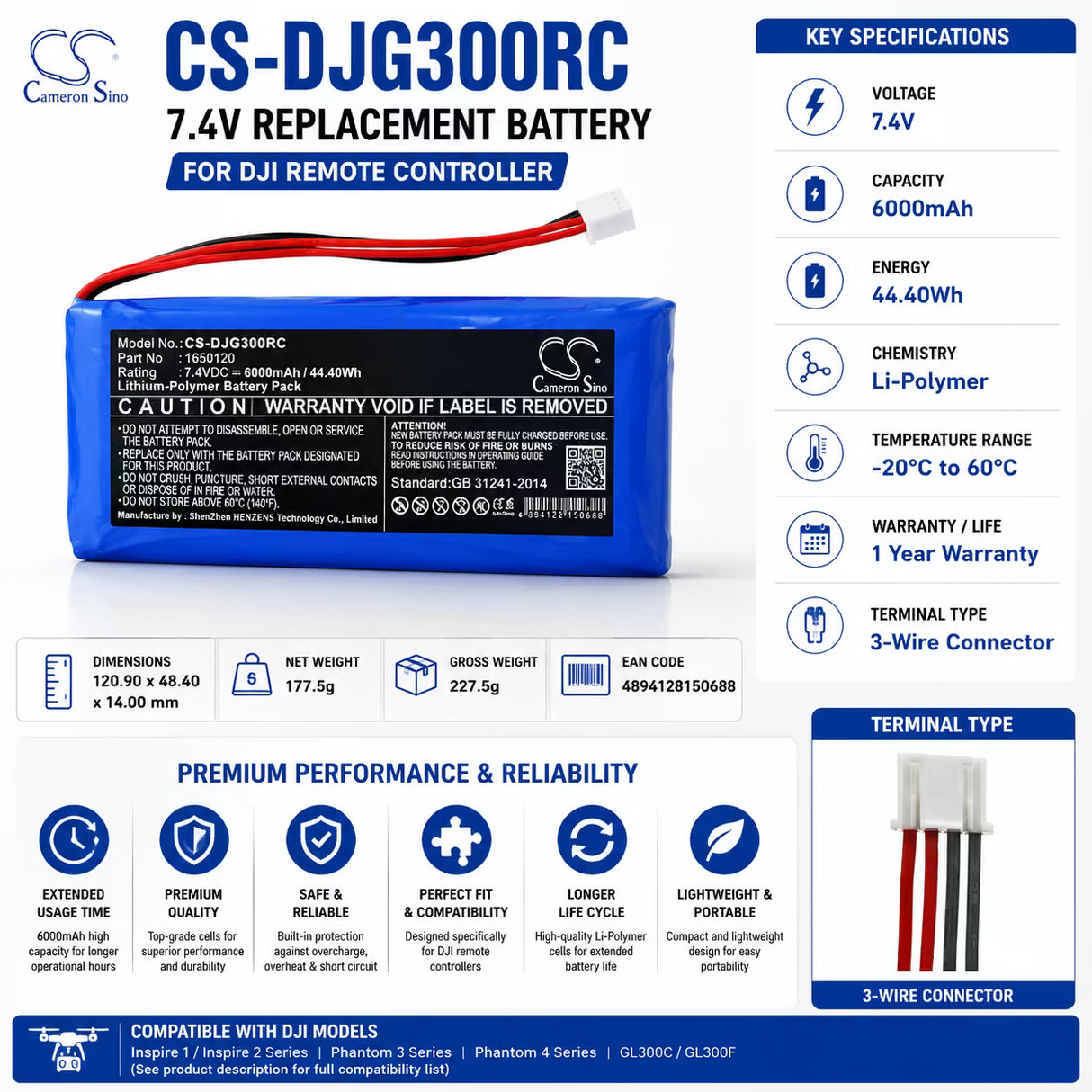 7.4V, Li-Polymer, 6000mAh, Remote Controller battery fits Dji, 1650120, Gl300c, Gl300f, 44.4Wh Remote Controller Cameron Sino Technology Limited