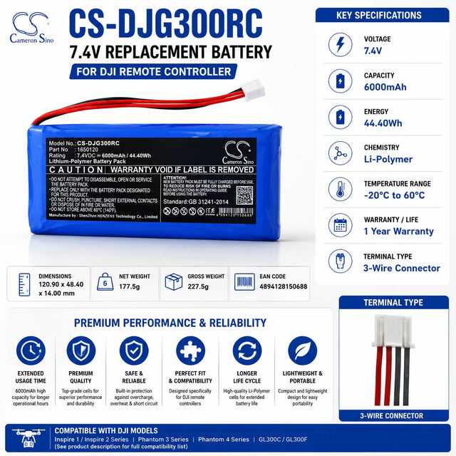 7.4V, Li-Polymer, 6000mAh, Remote Controller battery fits Dji, 1650120, Gl300c, Gl300f, 44.4Wh Remote Controller Cameron Sino Technology Limited